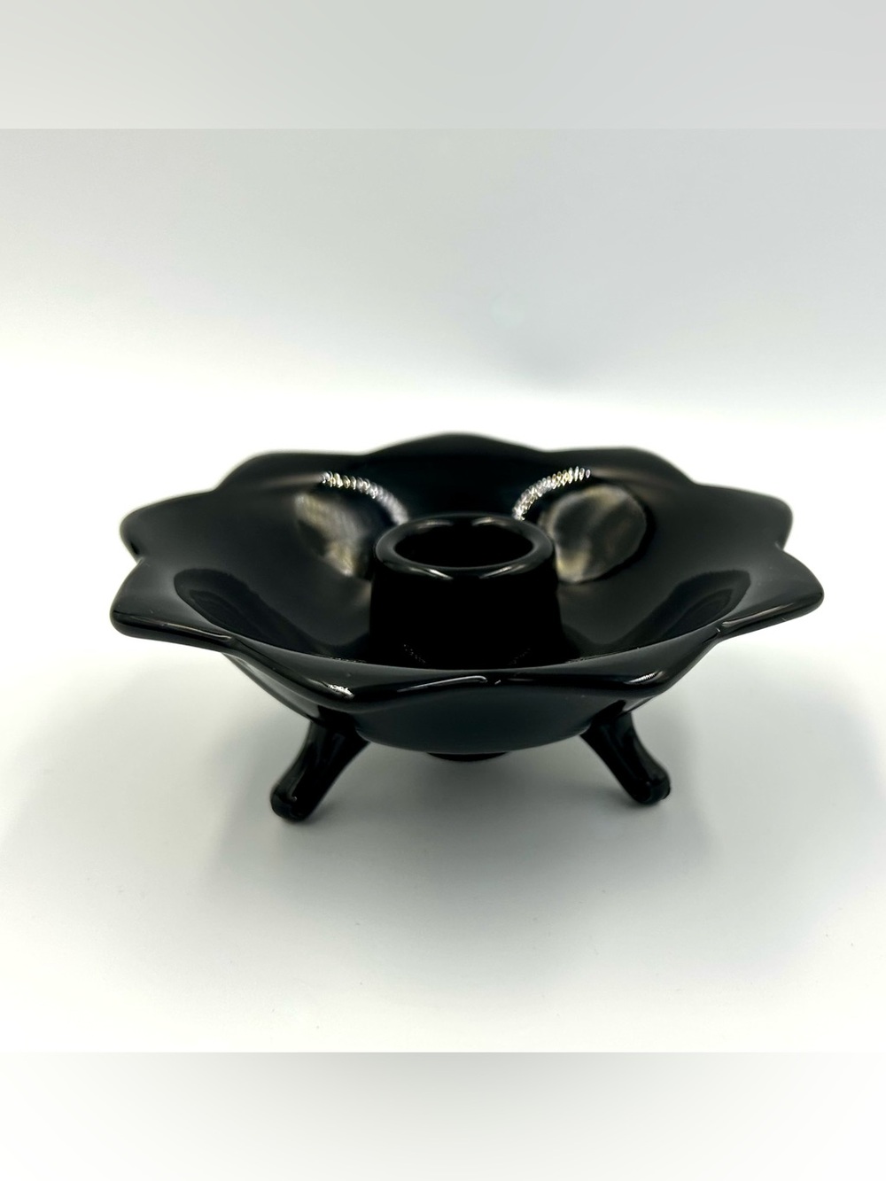 Vintage Fenton Black Amethyst Glass Lotus Candle Holder 3 Footed Taper #848